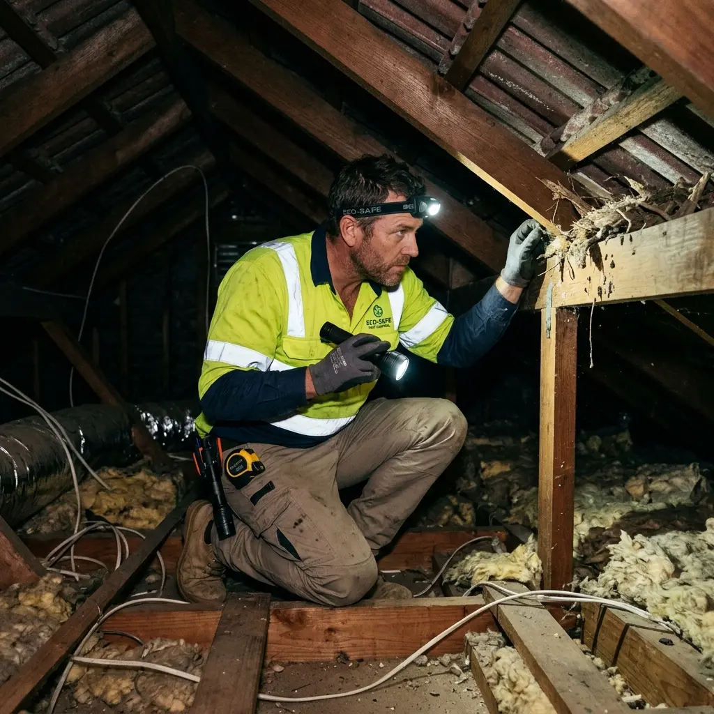 Technician inspecting a roof cavity for a dead animal in Brunswick