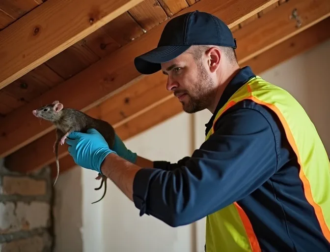 Technician inspecting a roof cavity for a dead rat in Brunswick